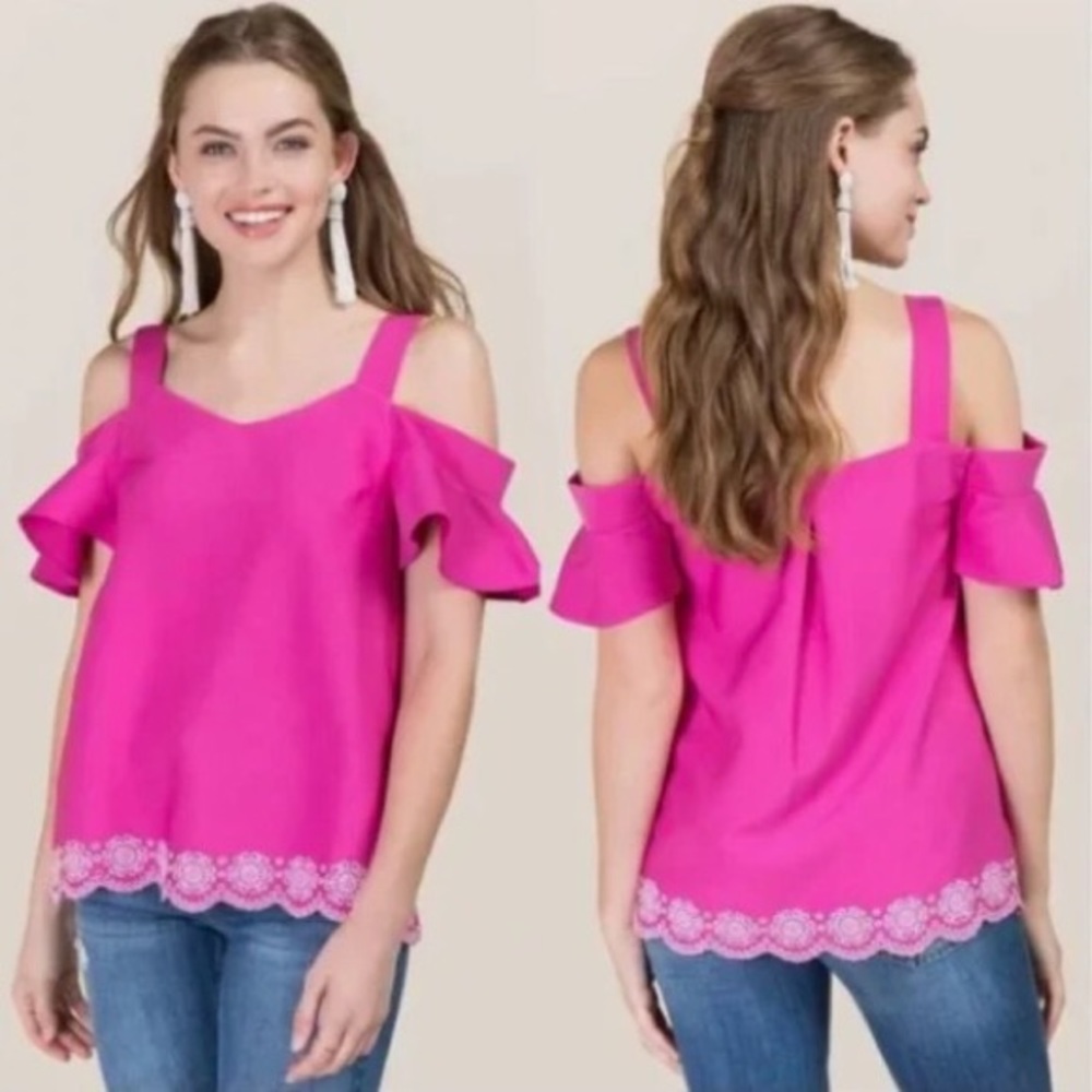 Blue Rain Scalloped Lace Pink Cold Shoulder Blouse Size XS